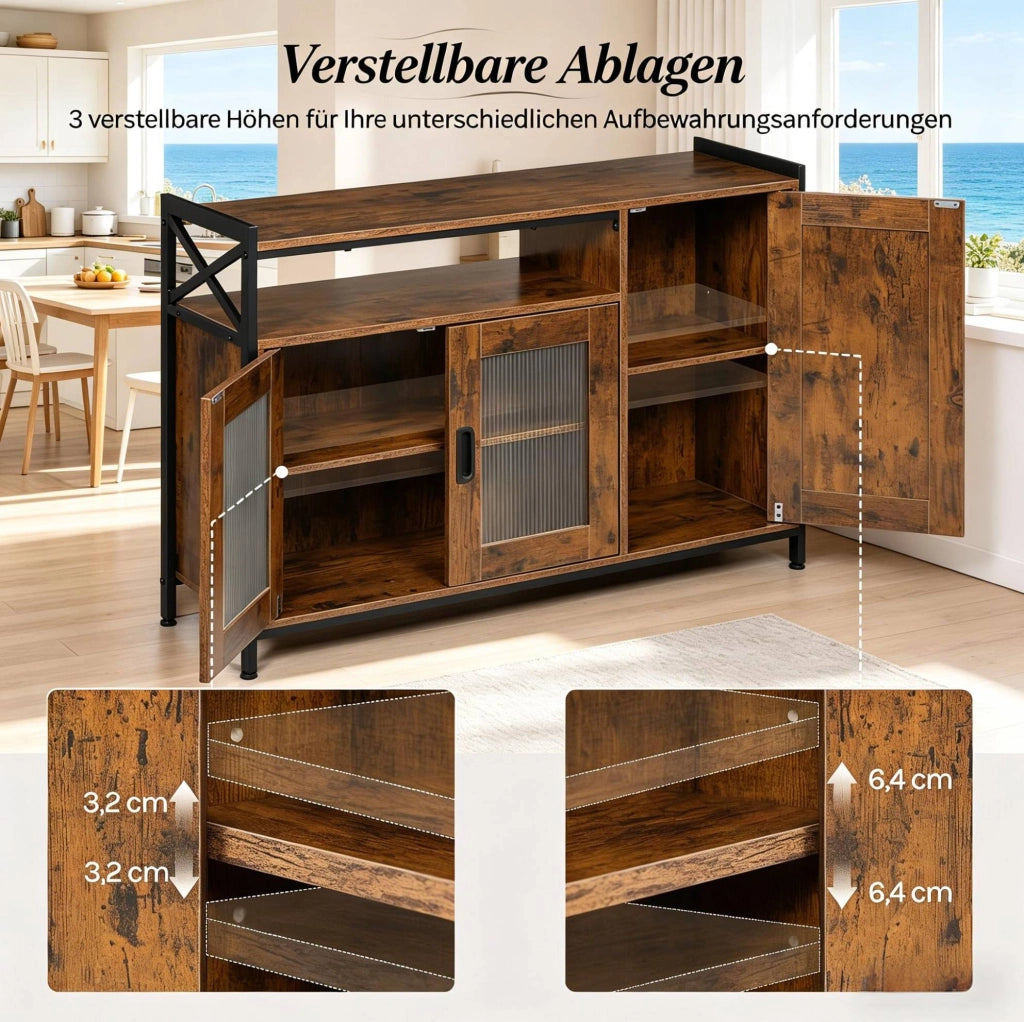 Credenza ULEVR 110x33x75 cm con vano aperto, 2 ante e ripiani regolabili, effetto rustico marrone