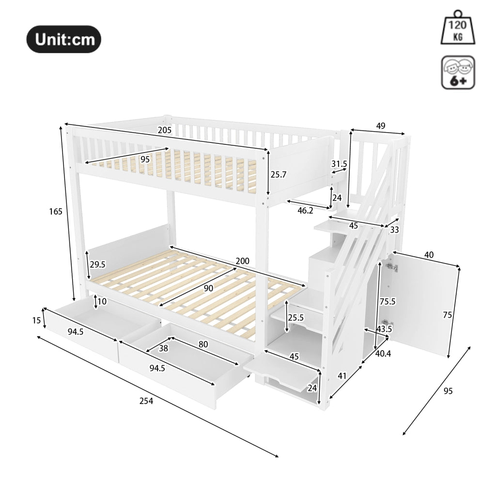Letto a castello 90 × 200 cm 2 posti con armadio; 2 cassetti; 4 mensole e scala contenitore; senza materasso; bianco