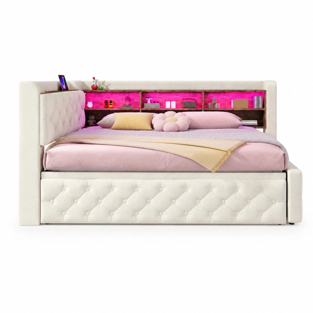 Divano letto estraibile 90x190 cm in velluto beige con LED, USB e USB-C