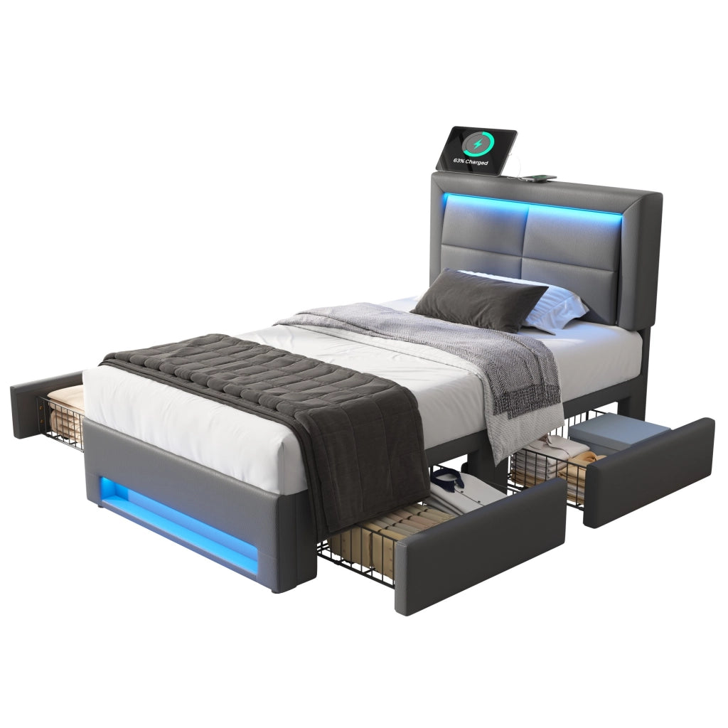 Letto imbottito con USB, LED e 4 cassetti, 90x200 cm, grigio
