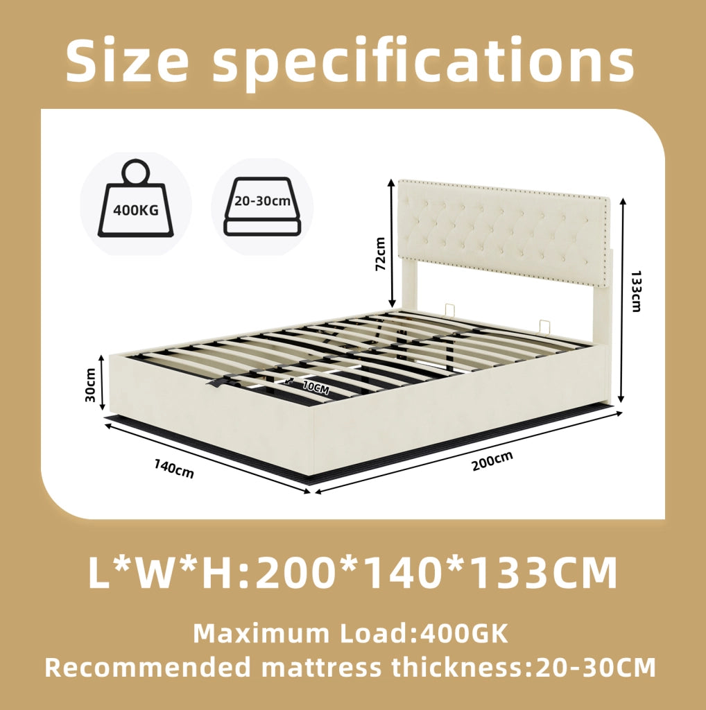 Letto moderno minimalista beige 140x200 cm con testiera imbottita e contenitore, struttura in legno con supporto pneumatico, senza materasso