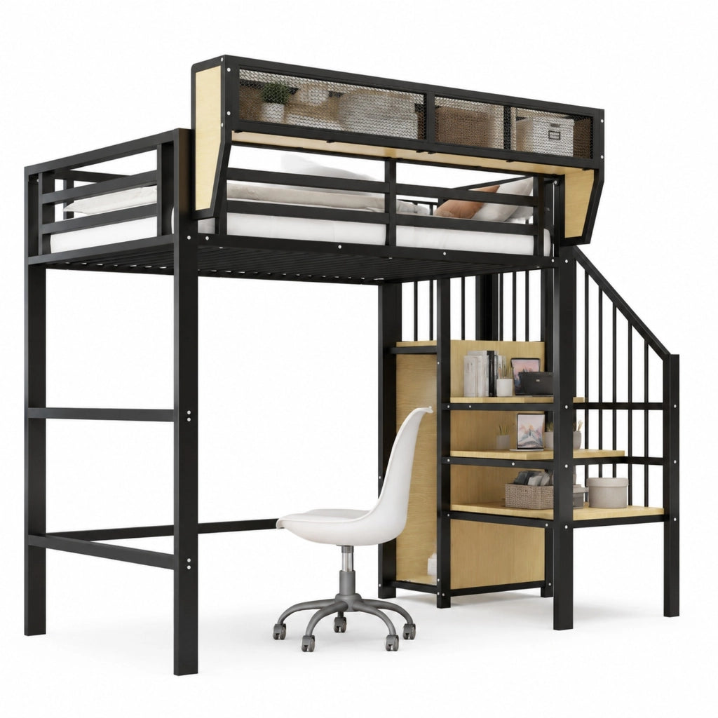 Letto a soppalco 90 × 200 cm con scala e ripiano regolabile in MDF e metallo nero spazio libero 140 cm portata 120 kg