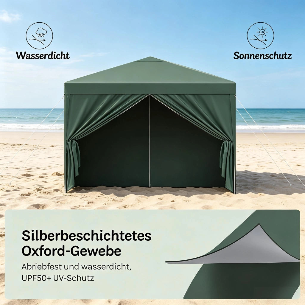 Gazebo pieghevole 3 × 3 m con pareti laterali avvolgibili; tetto Oxford 210D impermeabile verde regolabile in altezza