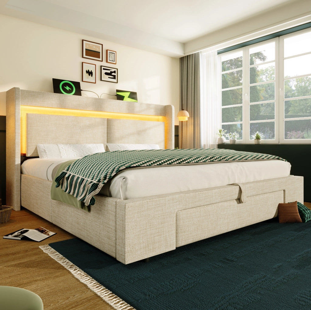 Letto imbottito 140x200 cm beige in lino con contenitore idraulico, testiera con scomparto, luci LED e porte USB/USB-C, con materasso incluso