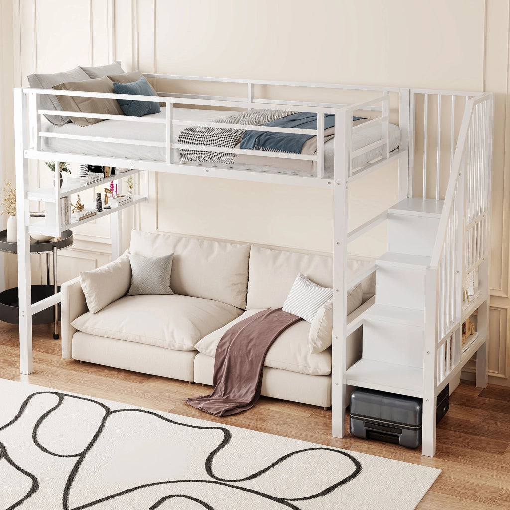 Letto a Soppalco 90x200 cm in metallo con Ripiani Bianco