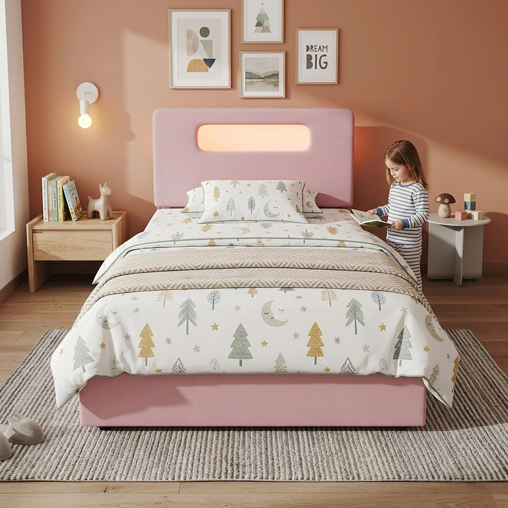 Letto per bambini 90 x 200 cm con 4 cassetti e LED via app, letto singolo in velluto con testiera contenitore, rosa, design moderno
