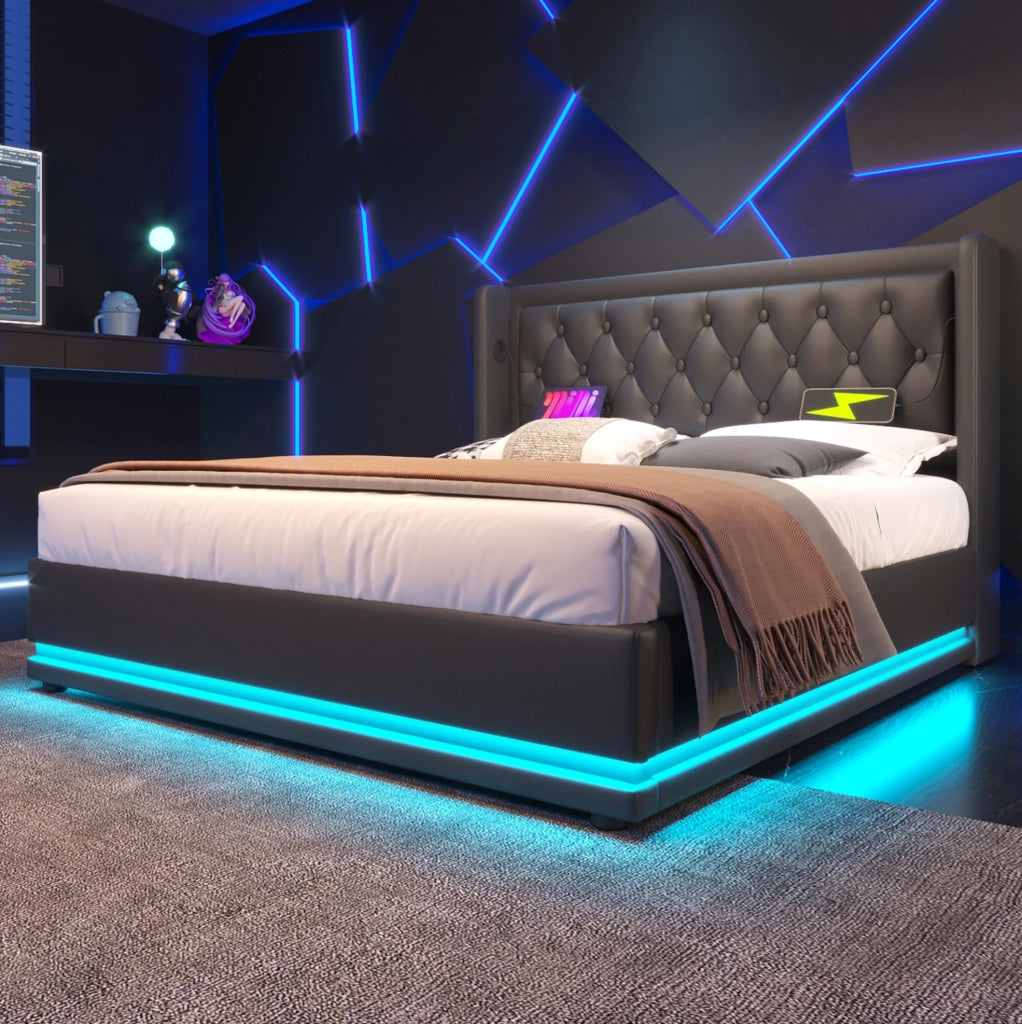 Letto matrimoniale 140x200 cm con materasso, LED e USB-C