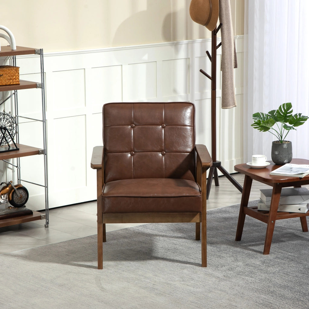 Poltrona da soggiorno ¨C Xylo ¨C similpelle marrone, schienale capitonn¨¦, gambe legno massello 64x73x81cm