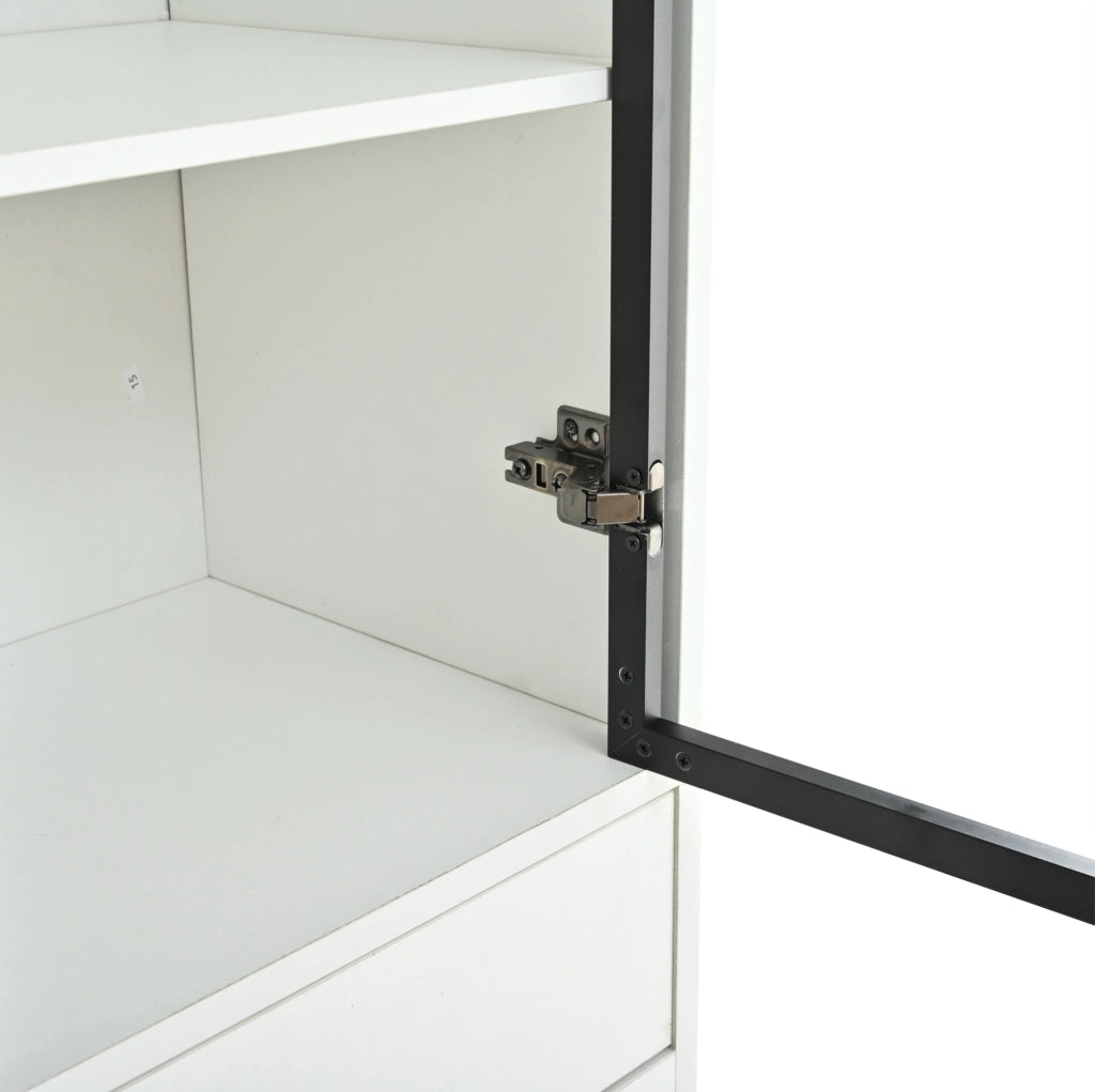 Vetrina alta 70×34×180 cm bianca con LED, 2 cassetti e ante in vetro temperato per soggiorno e cucina