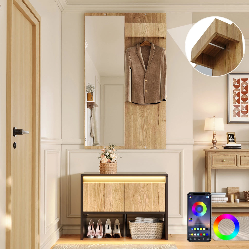 Mobile da ingresso con appendiabiti, specchio, panca portascarpe e 2 cassetti, nero e naturale, 60 × 38 × 145 cm