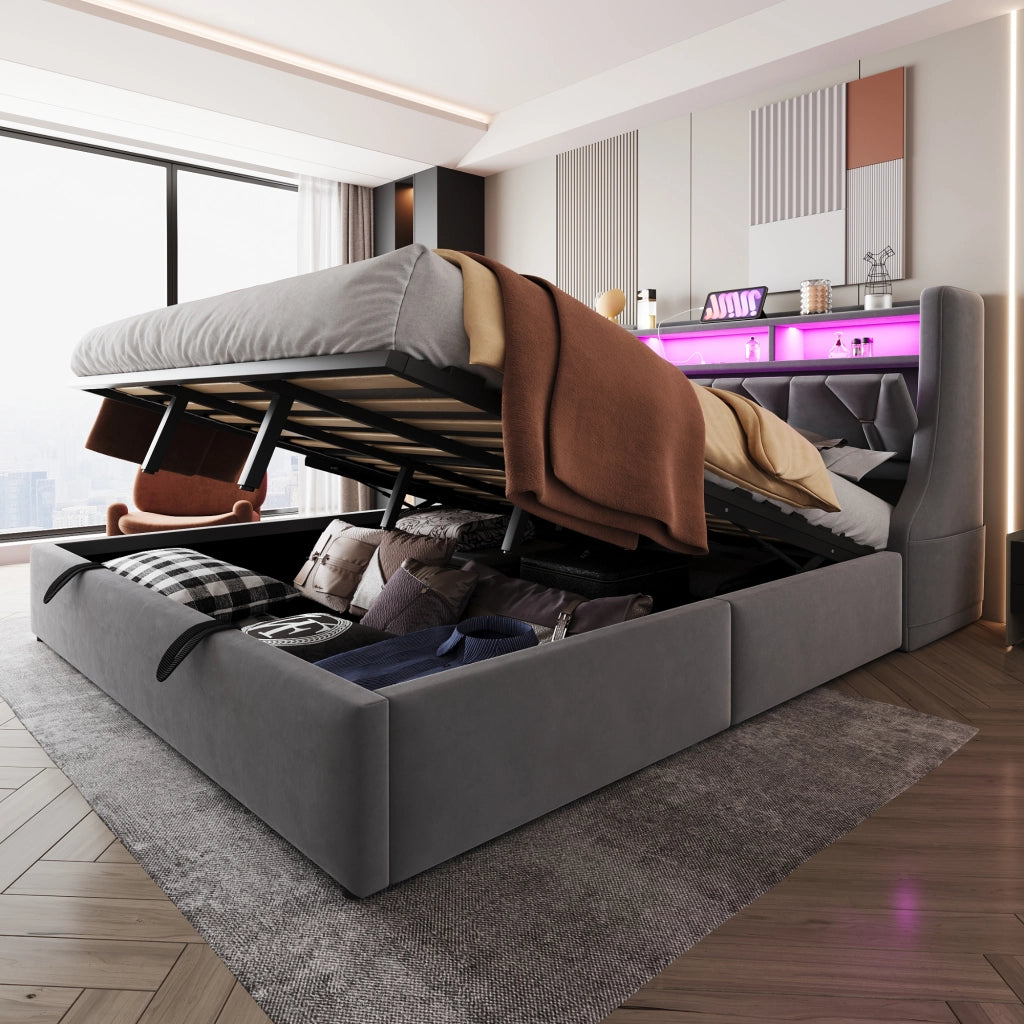 Letto contenitore 180 × 200 cm matrimoniale con prese; USB; Type-C; LED e mensole; senza materasso; velluto grigio