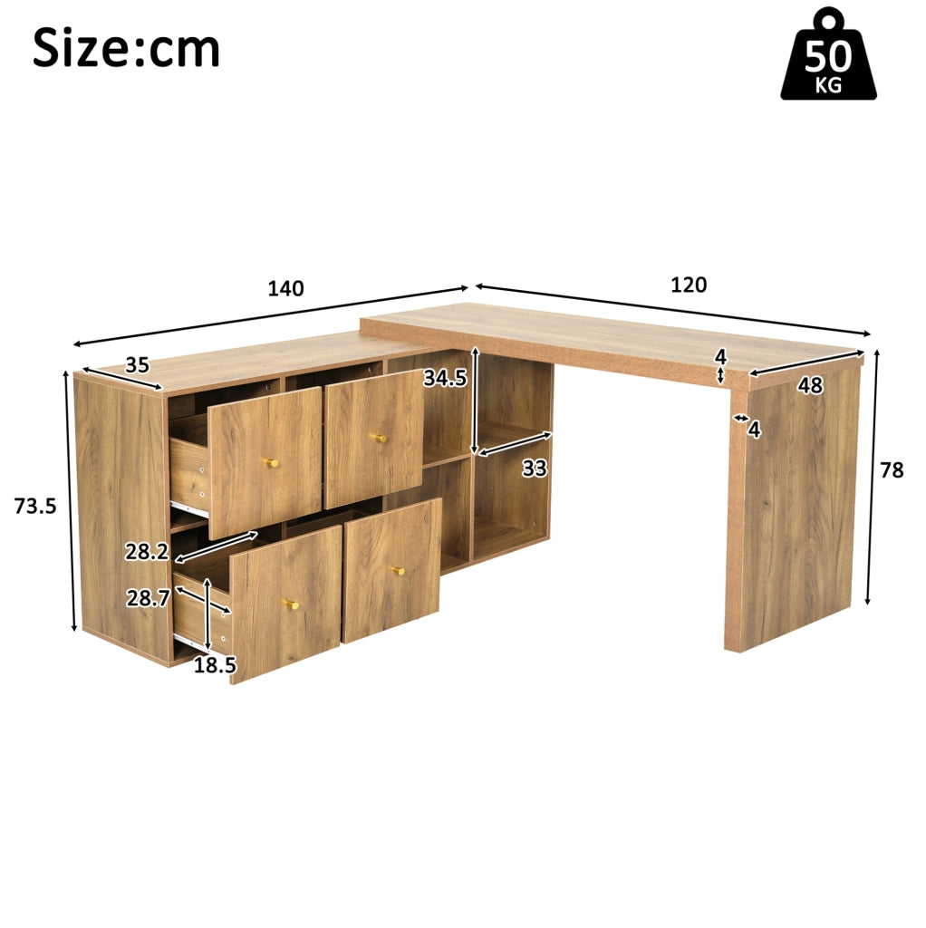 Scrivania girevole a 360° con 4 cassetti e 4 vani in MDF effetto rovere