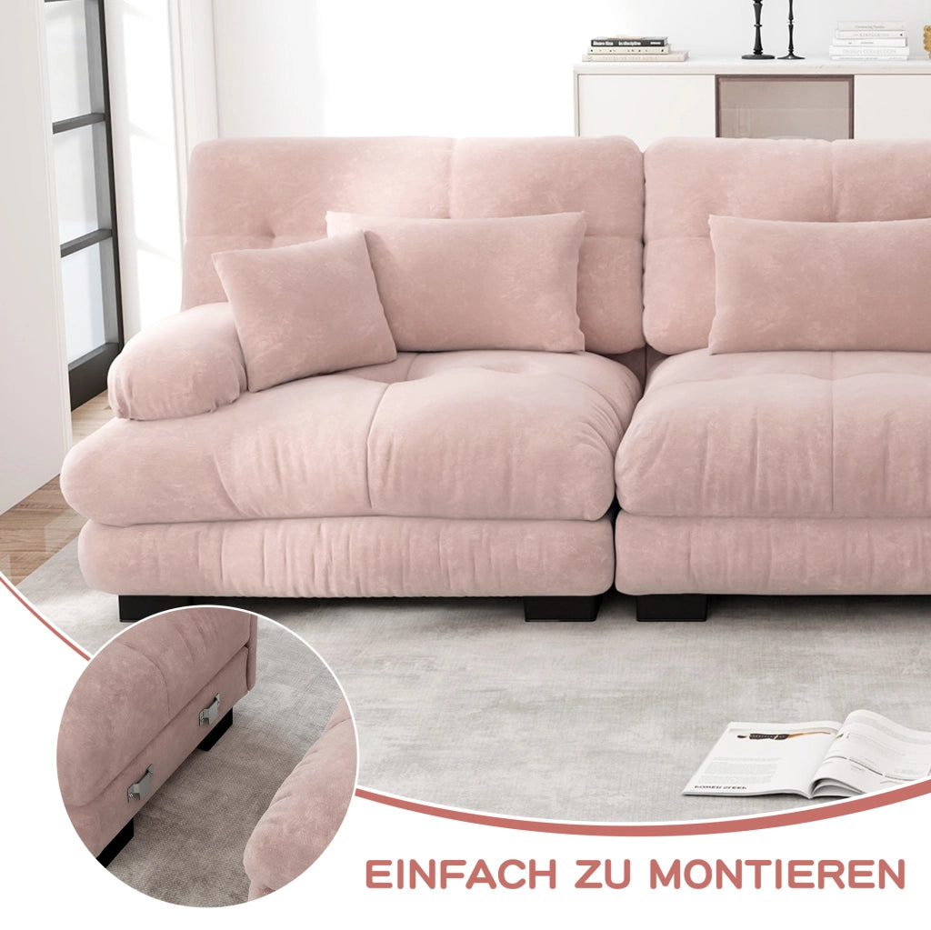 Divano modulare in ciniglia rosa con ottomane mobili; 313×145×81 cm