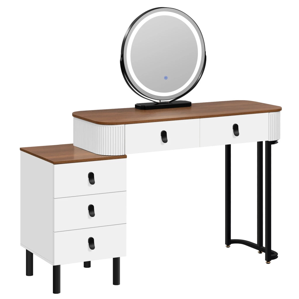 Toeletta con specchio LED dimmerabile e 5 cassetti marrone e bianco 100 × 125 × 40 cm