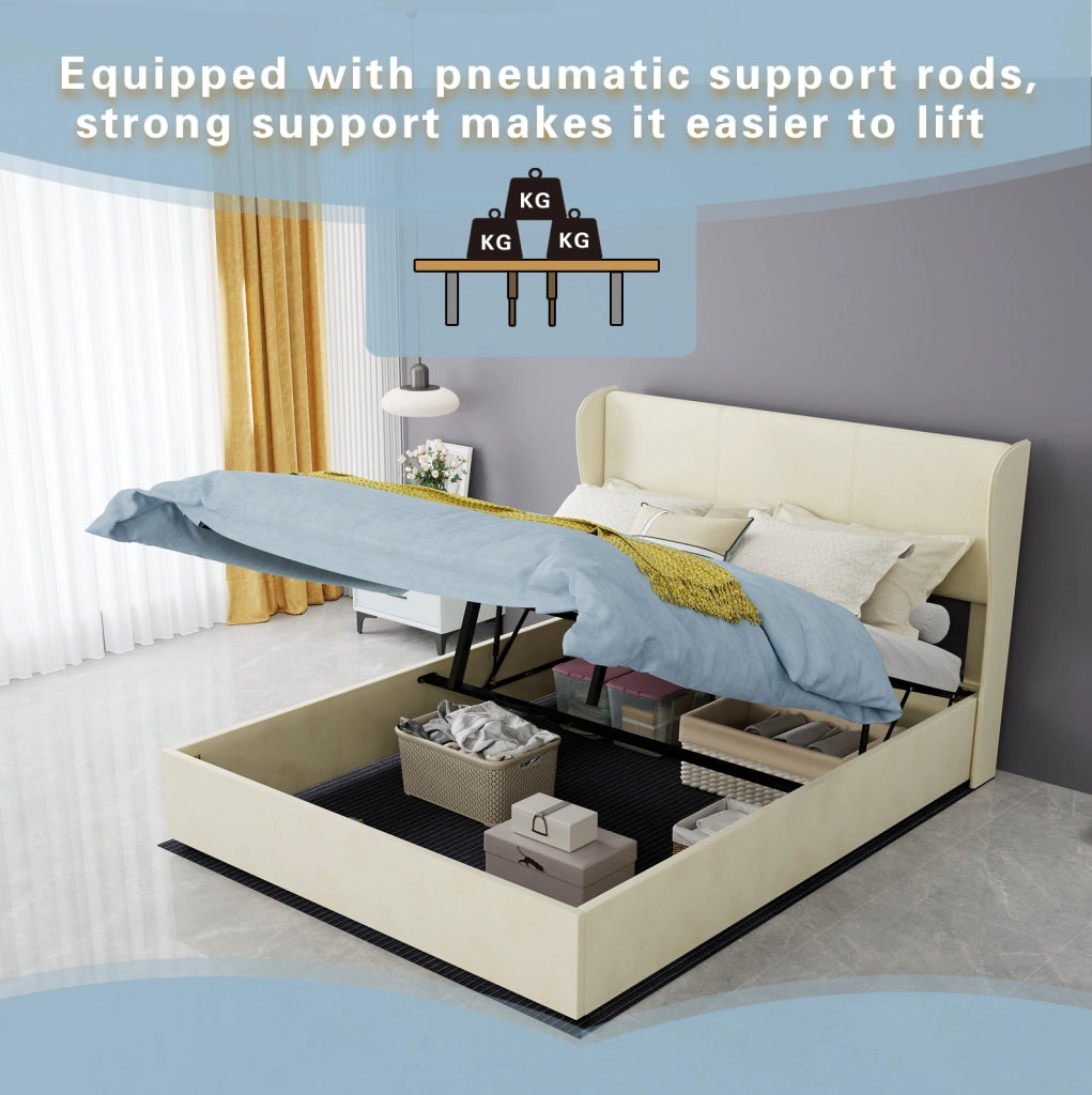 Letto Moderno Minimalista 140x200 cm Beige con Testiera Imbottita e Base Contenitore a Gas