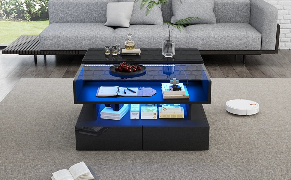Tavolino da salotto sollevabile quadrato 80x80 cm nero con LED