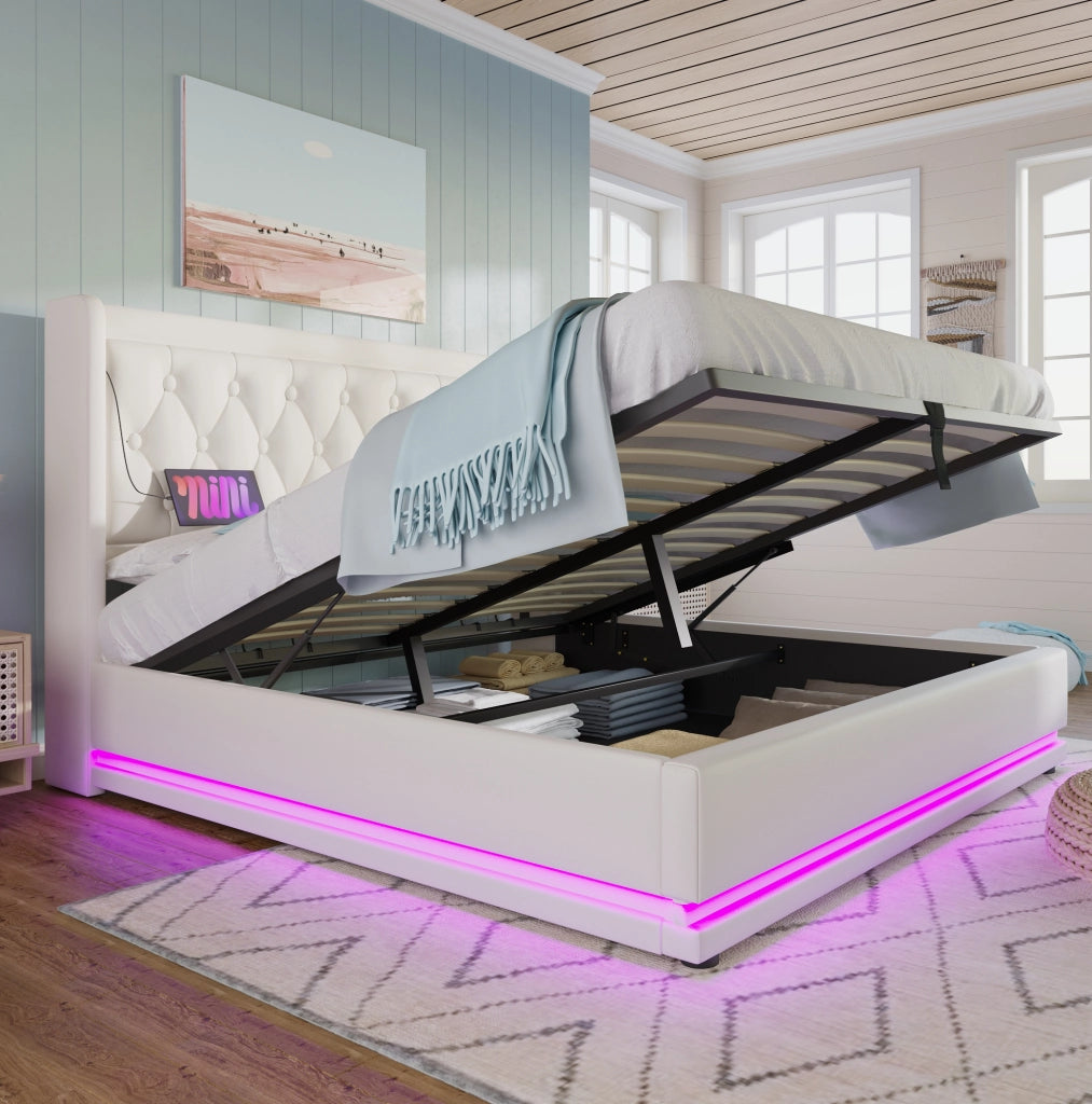 Letto matrimoniale 160x200 cm con contenitore; LED e USB-C; in PU bianco