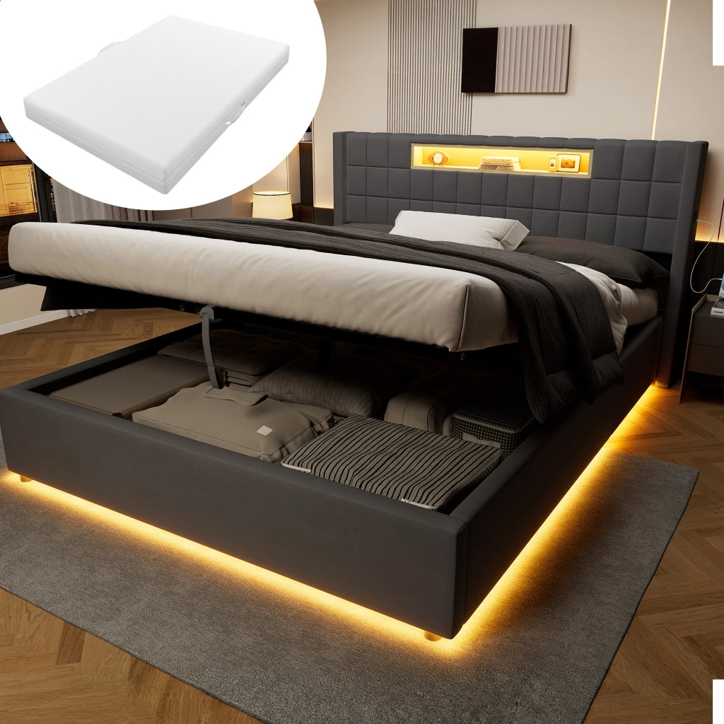 Letto matrimoniale con contenitore idraulico e LED 160x200 cm in velluto grigio scuro, senza materasso