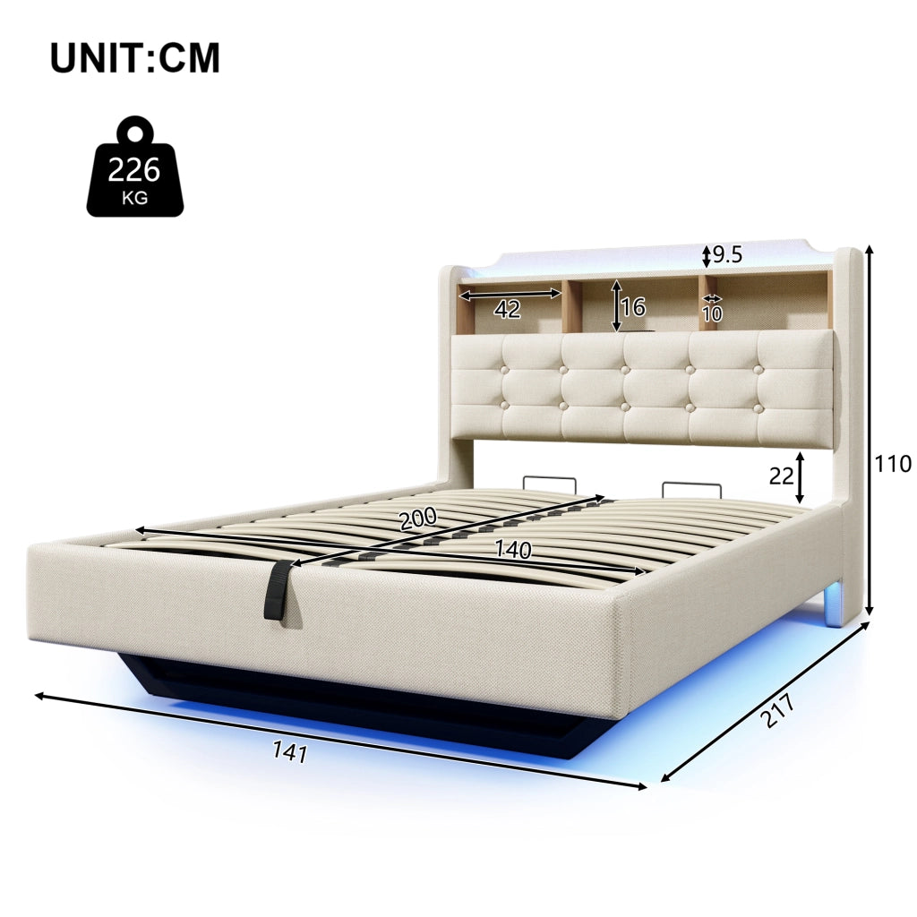 Letto matrimoniale 140 × 200 cm 2 posti con contenitore idraulico; LED; USB e porta tipo C; senza materasso; beige