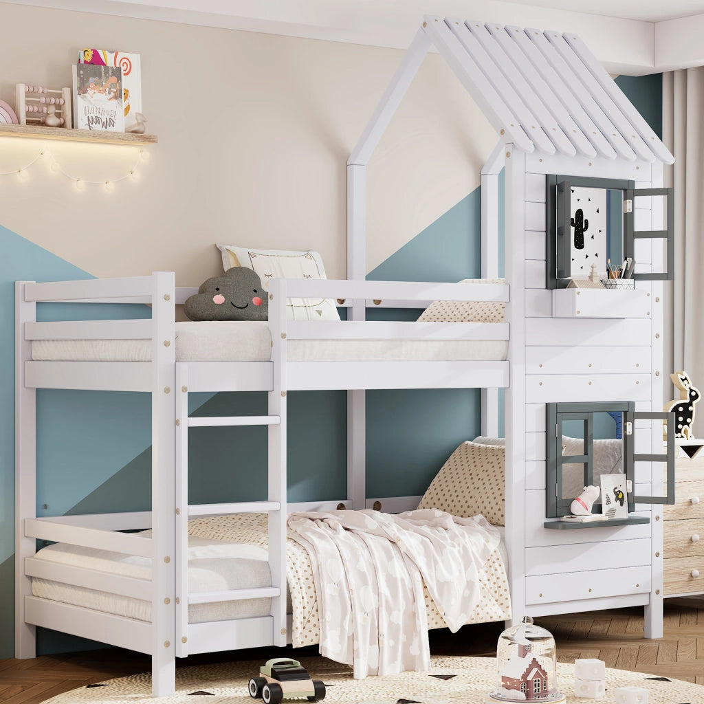 Letto a castello per bambini 90 × 200 cm in legno e MDF bianco e grigio con finestre scala e parapetti