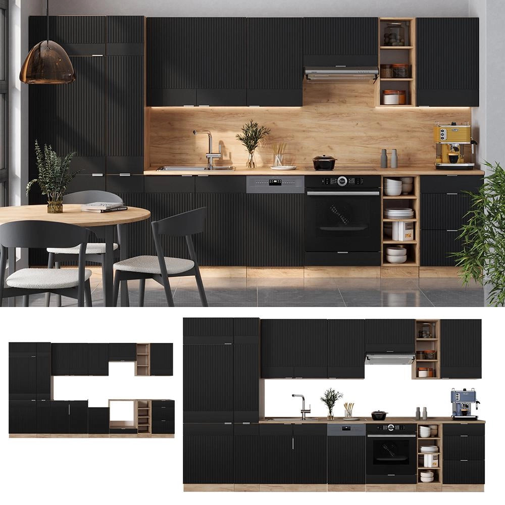 Cucina componibile Fame-Line Nero rigato/Rovere dorato 355 cm, PL Marmo Vicco