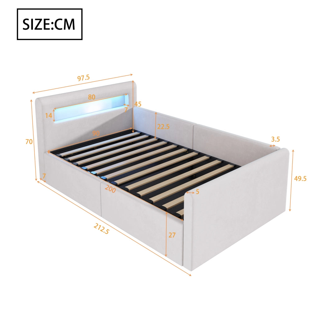 Letto singolo con contenitore 90 × 200 cm imbottito in velluto beige con LED; luce notturna; USB e rete a doghe