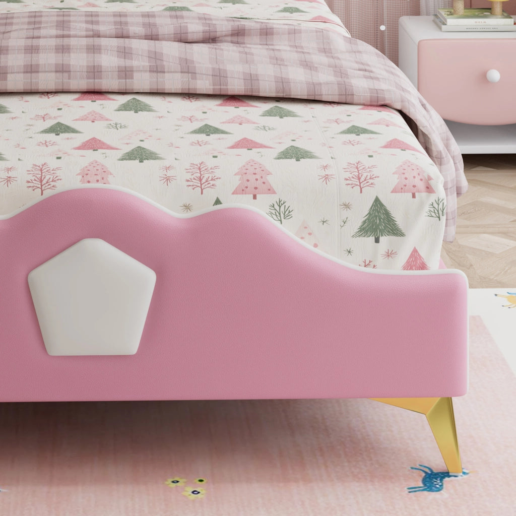 Letto singolo 90 × 200 cm con testiera a corona morbida in PU rosa e bianco