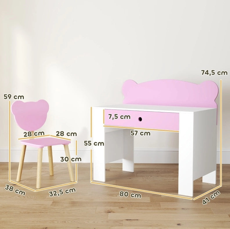 Set scrivania per bambini con sedia e cassetto rosa