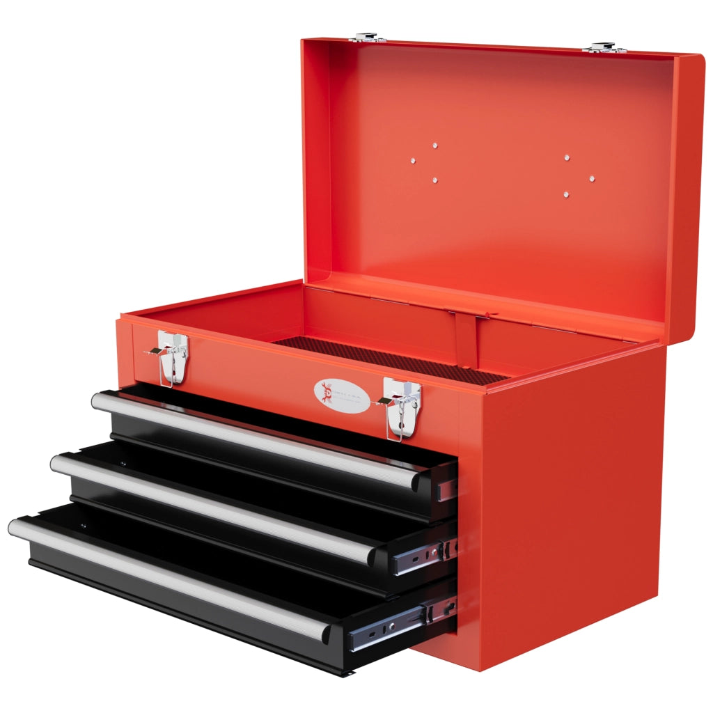 Cassetta Porta Attrezzi con 3 Cassetti e Vano Superiore in Acciaio con Maniglia, 45x24x27cm, Rosso