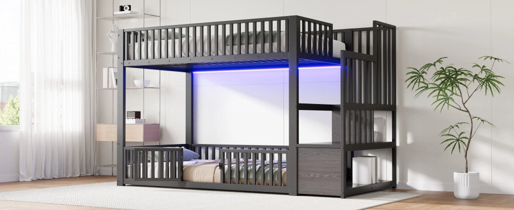 Letto a castello 90x200 cm con scala contenitore e LED, Nero