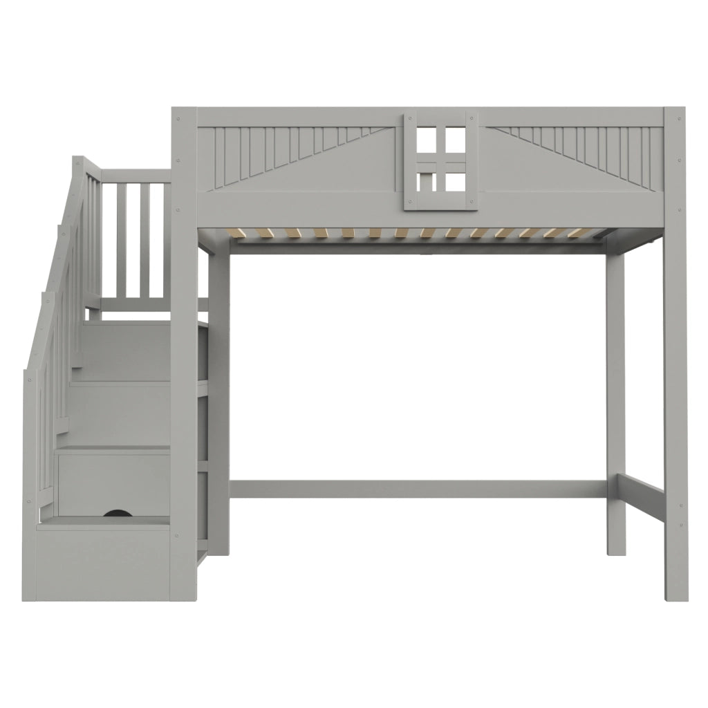 Letto a soppalco 140 x 200 cm - letto multifunzione con scaletta contenitore reversibile, contenitori e sponde con finestra - legno/MDF - grigio