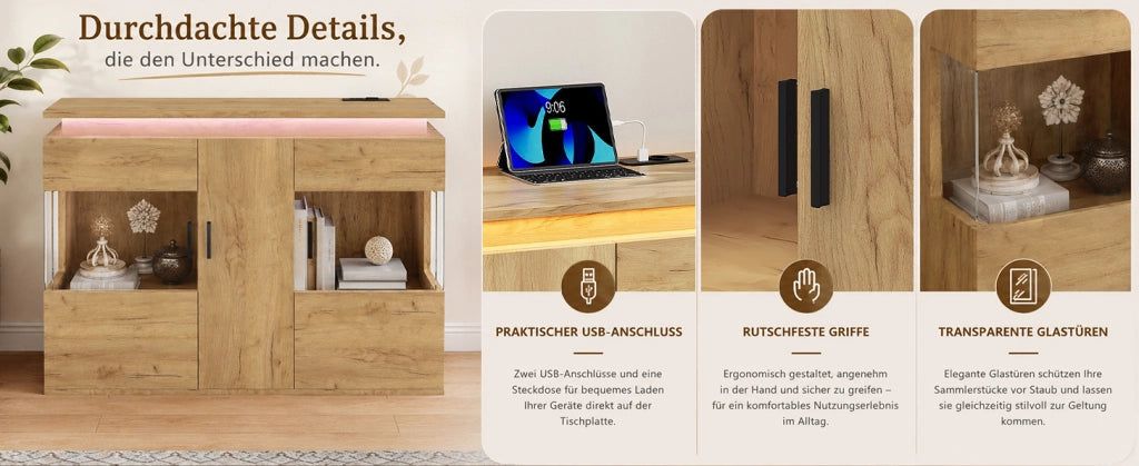 Buffet con illuminazione LED, prese USB e Type-C, anta in vetro e finitura effetto legno, 120x40x79,5 cm