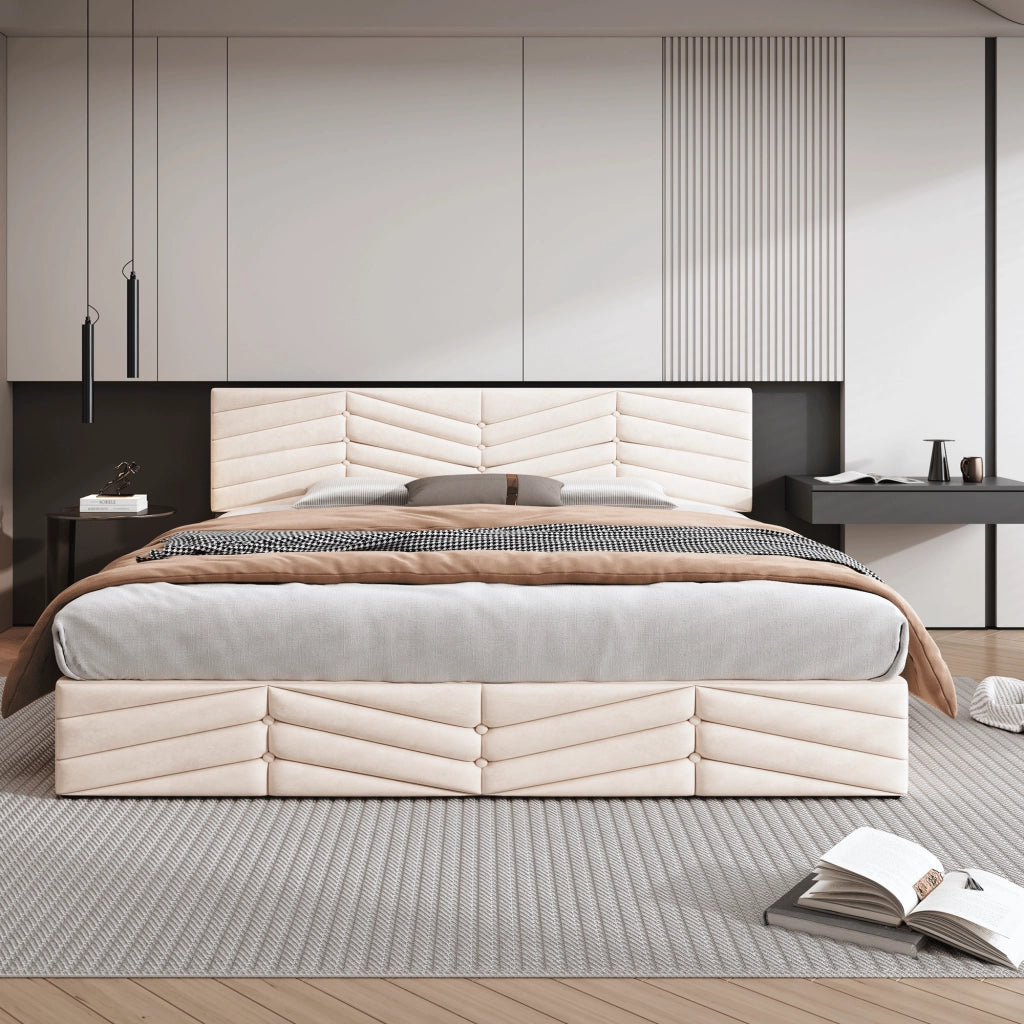 Letto matrimoniale 160 × 200 cm 2 posti con contenitore idraulico e testiera regolabile; senza materasso; in velluto beige