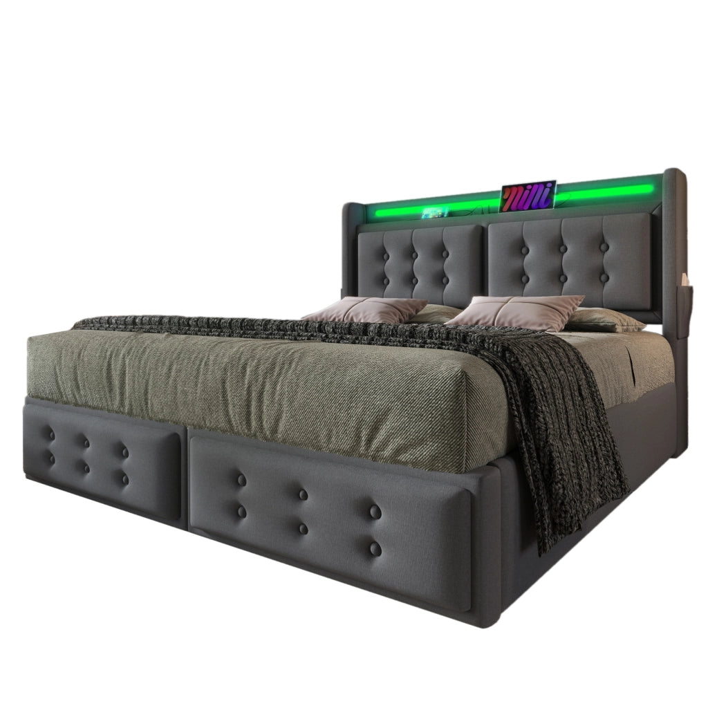 Letto matrimoniale 140x200 cm con contenitore idraulico; LED e prese USB-C; cotone-lino grigio