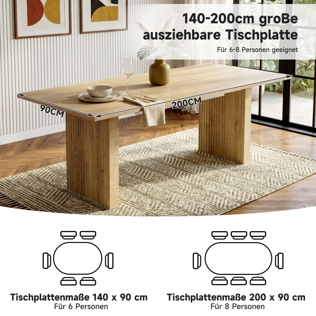 Tavolo allungabile rettangolare in MDF color rovere con piano da 3 cm e gambe a lamelle 140-200 × 90 × 75 cm