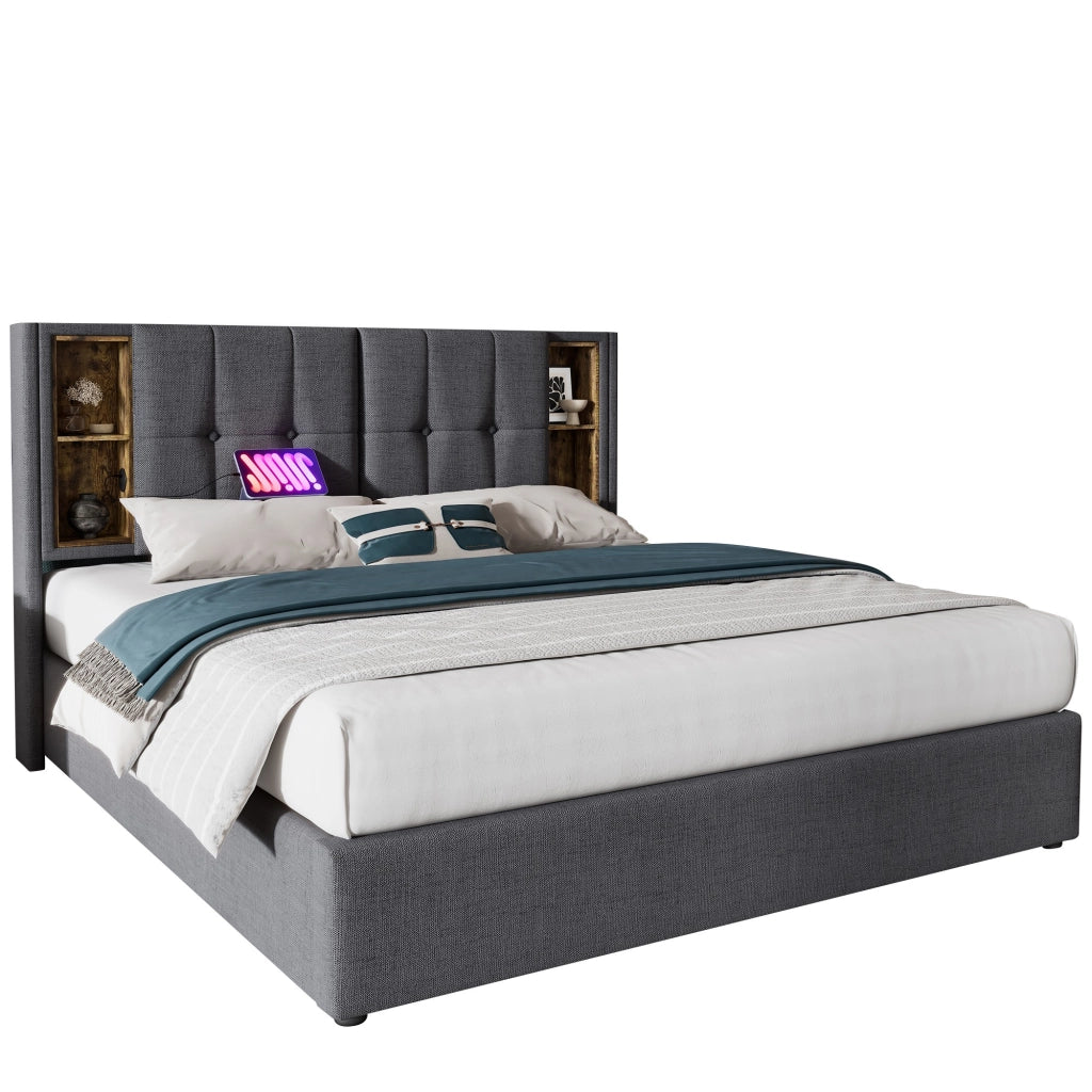Letto matrimoniale contenitore 160 × 200 cm con ricarica wireless USB e USB C in cotone grigio