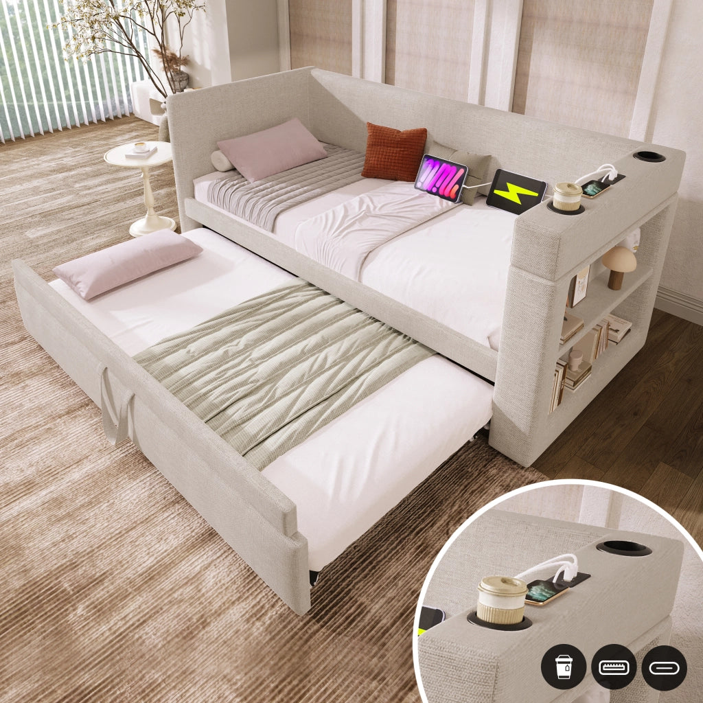 Letto estraibile 90 × 190 cm in cotone e lino beige con USB Type C portabevande e ripiani laterali