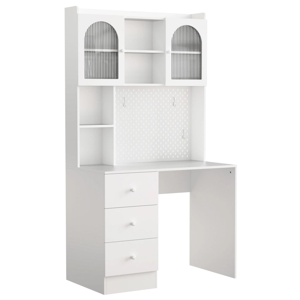 Scrivania dritta con vetrina, pannello portautensili e 3 cassetti, per studio, in MDF bianco, 100 × 55 × 180 cm