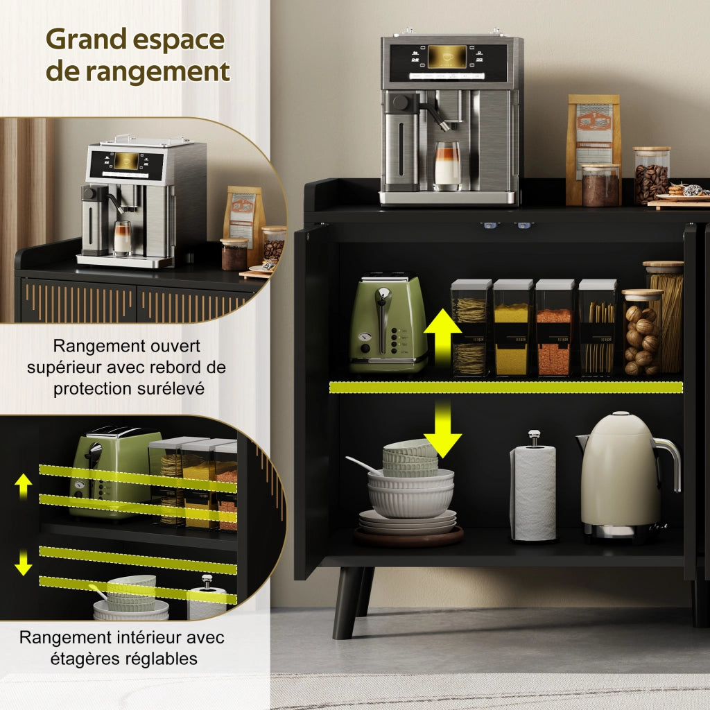 Credenza con 4 ante; ripiani regolabili e vano aperto in MDF nera per soggiorno 140 × 40 × 84 cm