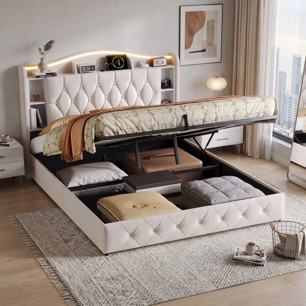 Letto una piazza e mezza 140x200 cm con contenitore LED RGB USB testiera rete a doghe velluto metallo legno - beige