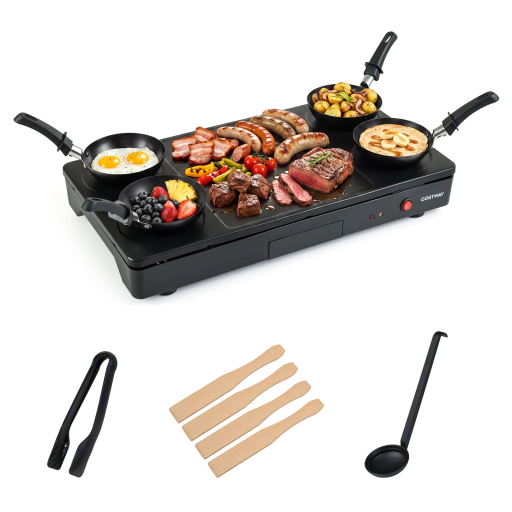 Barbecue elettrico da tavolo 1000w piastra antiaderente per raclette e bistecca con 4 padelle e accessori, Griglia elettrica da tavolo
