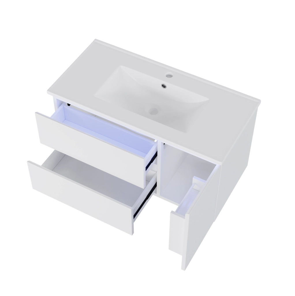 Mobile lavabo sospeso 91.5x46.5x50.5 cm con LED a sensore; lavabo in ceramica; bianco