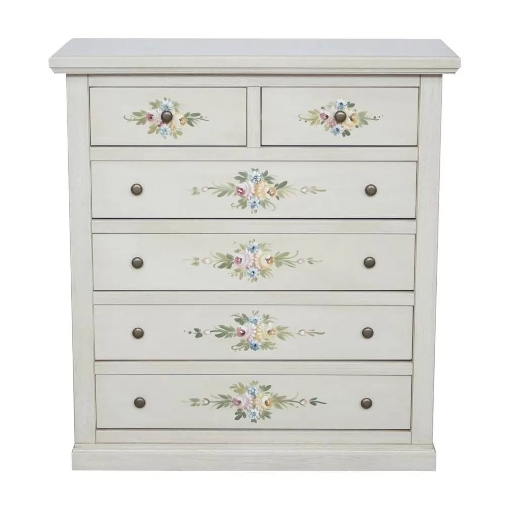 Cassettiera 6 cassetti in legno shabby bianco anticato decorato 86x40x96 - Mobili 2G