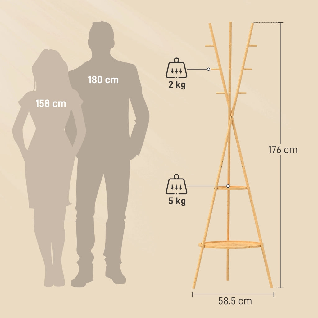 Appendiabiti 58,5x58,5x176 cm con 9 Ganci e 2 Ripiani in Bambù e MDF Naturale