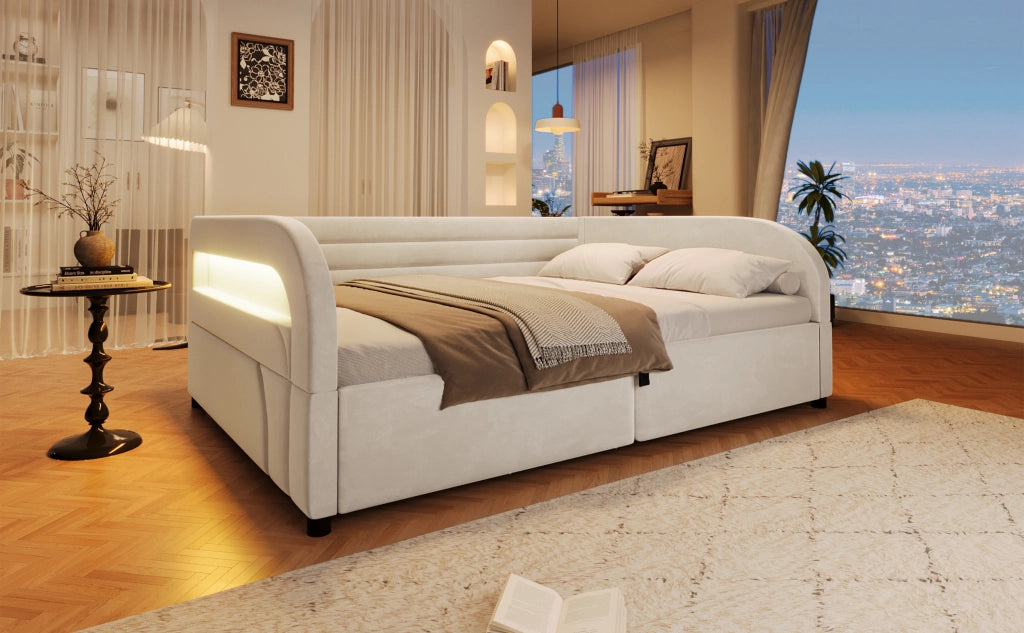 Letto Contenitore Imbottito 140x200 cm con Sollevamento Idraulico; LED; Beige