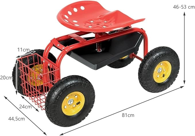 Sgabello da Giardino, Sgabello per Giardinaggio con Ruote, Sedile Regolabile in Altezza e Girevole a 360°, Cestello e Vassoio, Carrello per Prato e Giardino, Portata 150 kg(Rosso)