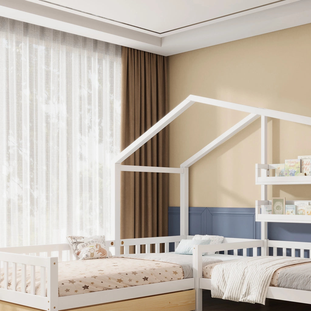 Letto a casetta per bambini in legno con cassetti e ripiani, bianco, 200x90 cm + 140x70 cm