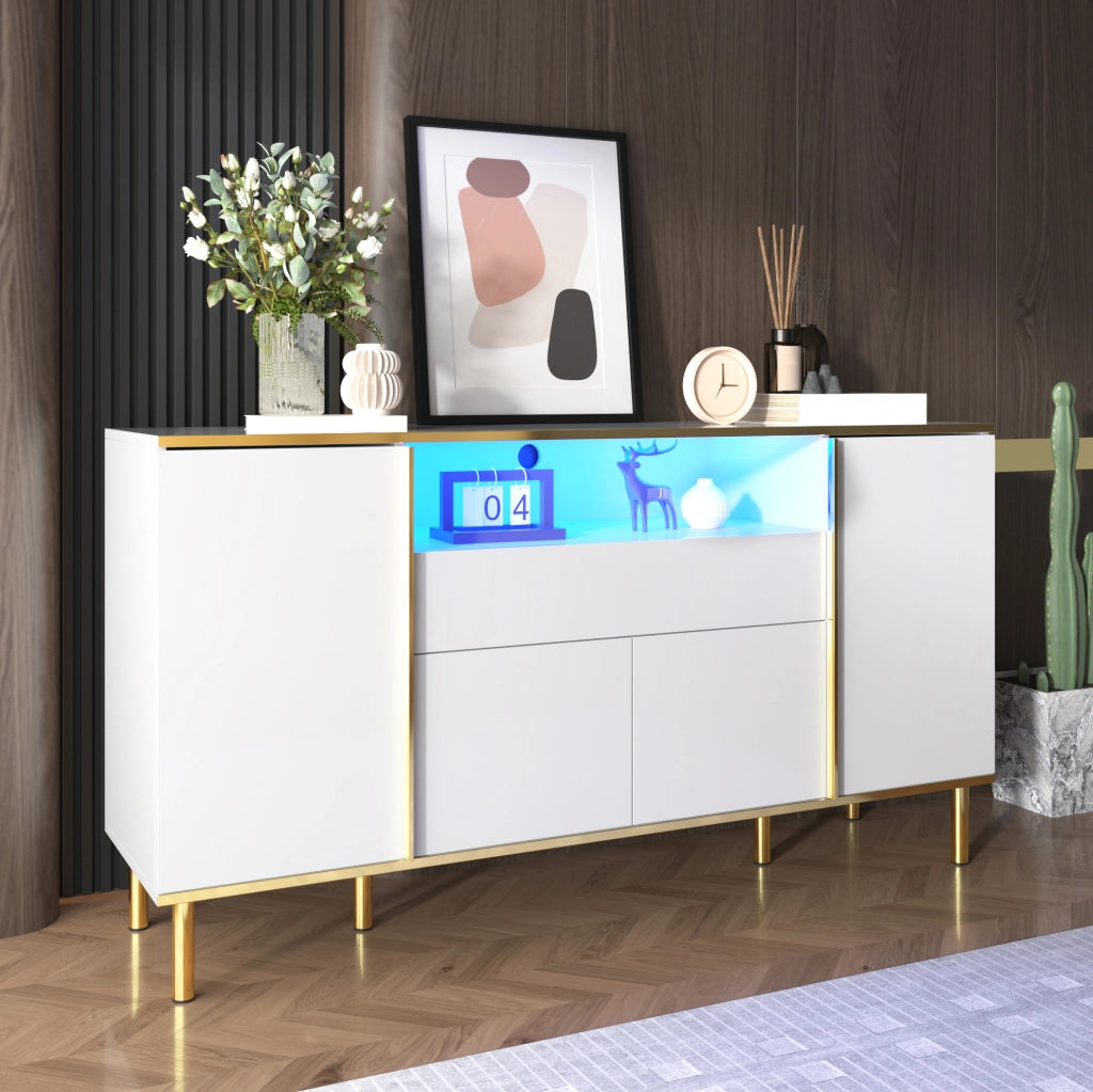 Credenza bianca lucida 150 cm con LED, 4 ante e cassetto