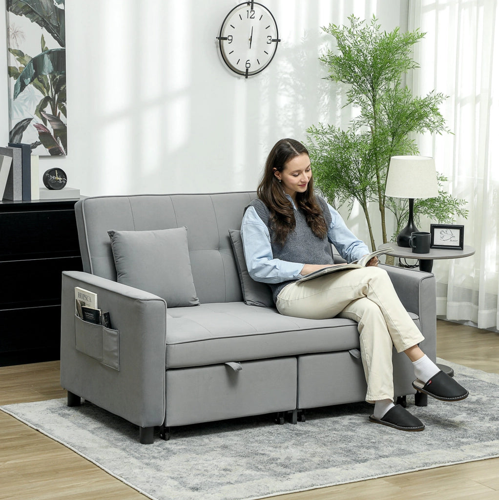 Divano Letto 2 Posti con Funzione Relax, Rivestimento in Velluto Grigio, Schienale Regolabile e Contenitore, Lavorazione con Ruote per Soggiorno o Camera Ospiti