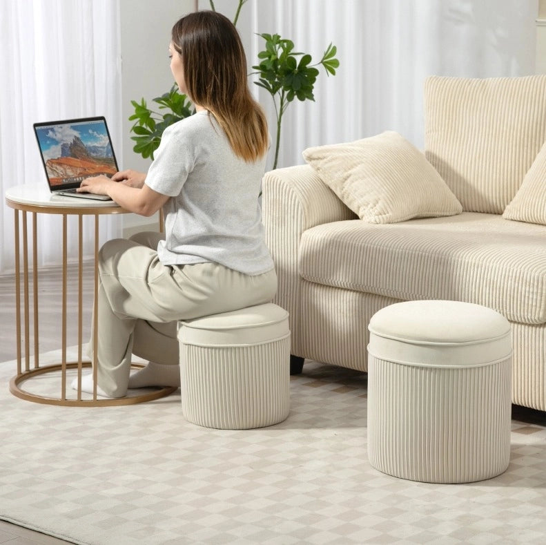 Set di 2 Pouf con Contenitore, Pouf Tondo in Velluto Crema 36x36x41,5 cm